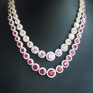 Pink Gemstone Tennis Choker:Round Diamond Cut,Gradual Size,14K Gold,Bling Ruby Necklace