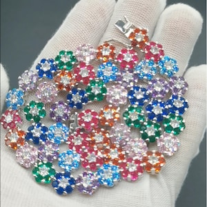 9 mm Flower Tennis Collar Naszyjnik Bransoletka/Muti Color Gemstone/14K Białe Złoto Wykończenie/Rainbow Eternity Riviera Fancy Iced CZ Biżuteria/Pudełko Prezentowe