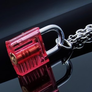 Red&Blue Transparent Padlock Pendant Necklace/Love Locket with Key/Y2K/Neon/Mens Womens Cyberpunk Cute Cool Colorful Funky Choker/Gift Box