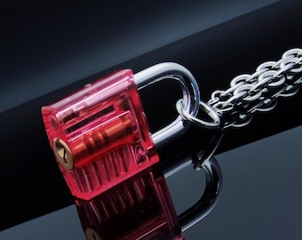 Red & Blue Padlock Pendant Necklace: Y2K Locket with Key