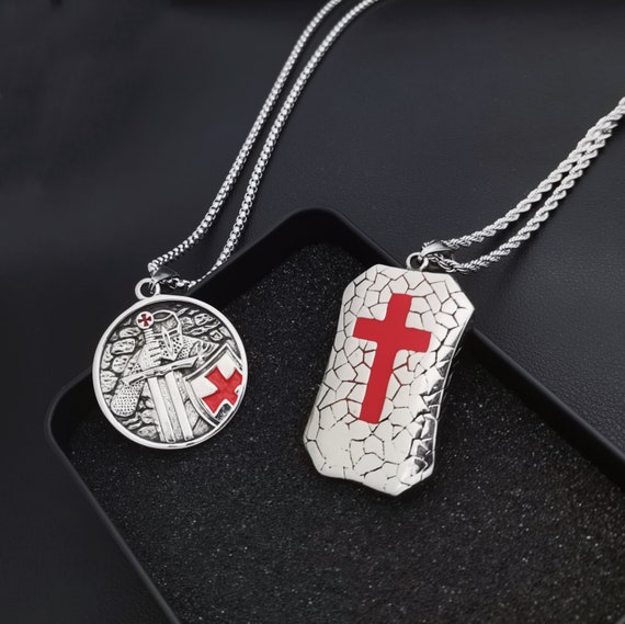 Knights Templar Shield Necklace: Engraved Red Cross Pendant, Stainless Steel