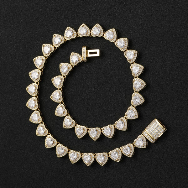 10mm Chunky Heart Tennis Chain Necklace/Shiny Diamond Choker/14K Gold/White Gold Finish/Mens Womens Bling Unisex Gemstone Collar/Gift Box