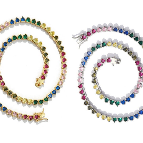 4mm Rainbow Heart Tennis Necklace Bracelet/Multi Color Diamond Choker/14K Gold/White Gold/Eternity Riviera Stacking CollerJewelry/Gift Box