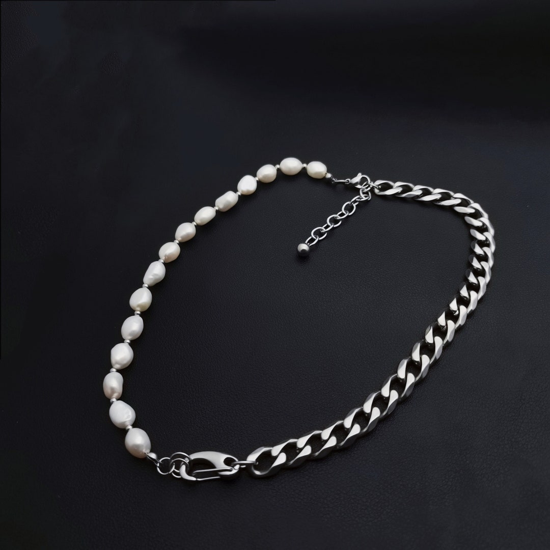 Half Pearl Half Curb Link Chain Beaded Necklace/diamond Etsy