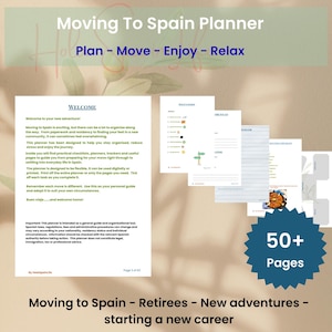 Könnte beinhalten: Ein Planer mit dem Titel Moving To Spain Planner und dem Untertitel Plan - Move - Enjoy - Relax. Das Dokument enthält eine Willkommensseite, Checklisten und Tracker auf über 50 Seiten. Es umfasst Text, Symbole und linierte Abschnitte zur Organisation.