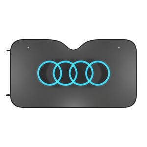 Auto-Sonnenblende mit neonblauem Audi Emblem