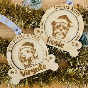 Personalized dog Christmas ball, engraved in wood, adorable personalized gift for your four-legged companion