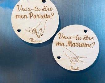 Magnet demande parrain marraine, décoration en bois personnalisée. Annonce grossesse, annonce naissance