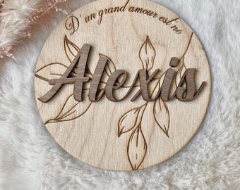 Personalized wooden first name card, baby birth announcement, embossed first name