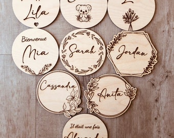 Engraved wooden birth card, personalized wooden first name presentation card