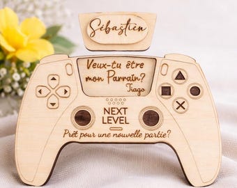 Demande surprise parrain en forme de manette, en bois, pour poser la plus belle des questions, Veux-tu être mon parrain ?
