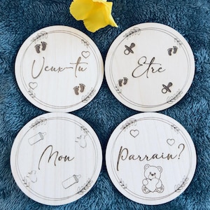 Personalized godfather godmother surprise request engraved in wood, set of 4 coasters do you want to be my godfather/do you want to be my godmother?