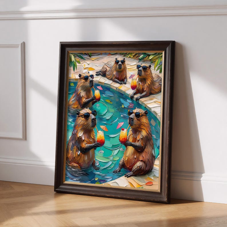 Funny Capybara Pool Party Art, Impasto Capybara Sunglasses Wall Art ...