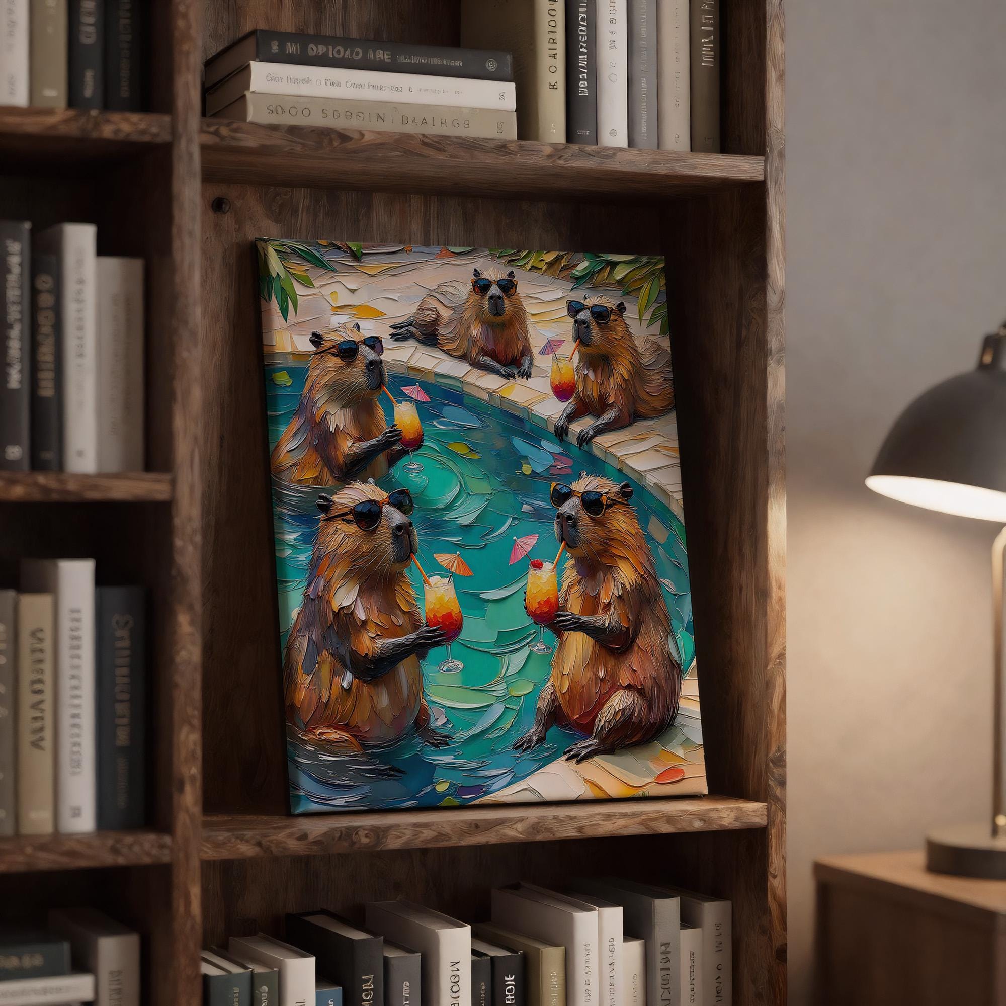 Funny Capybara Pool Party Art, Impasto Capybara Sunglasses Wall Art ...