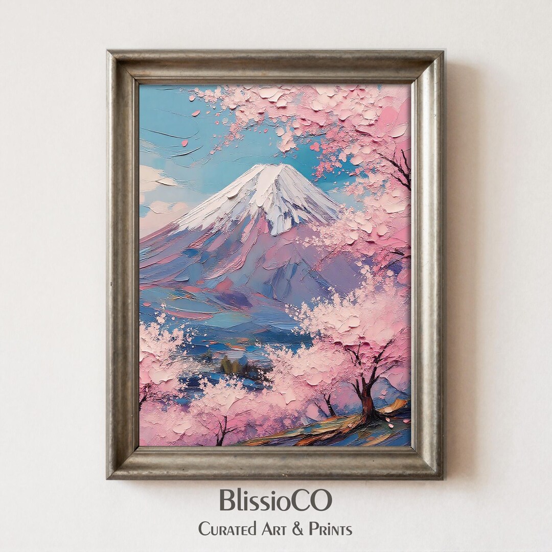 Mount Fuji Wall Art, Cherry Blossom Print, Impasto Japanese Landscape ...