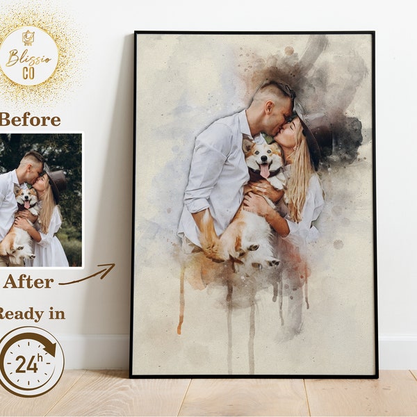 Watercolor Portrait from Photo, Custom Wedding Anniversary Gift for Wife Husband, Painting From Photo, Personalized Couples Painted Portrait