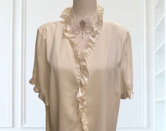 Women's Vintage White Shirt with Satin Ruffle details Jabot collar with pearl buttons and shoulder pads Regency Style