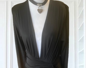 Black Evening Gown Long  Deep V neck plunge neckline Bodycon dress Made in Australia Size Medium Handmade