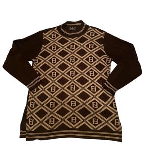 Rare Vintage Fendi Sweater 1990s Karl Lagerfeld Iconic Zucca Pattern Pure Wool Classic Fendi Brown Beige Monogram Made in Italy Size L