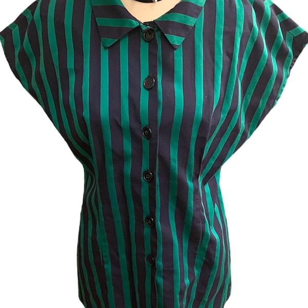 Women's Vintage 1980s Shirt New Wave Style Green Blue Stripes Vintage Button Up Jane Lamerton Made in Australia Size 12 Medium