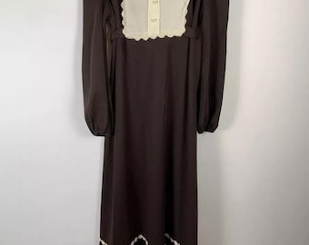 Vintage Dress 1960s Prairie Dress Gunne Sax Style Retro Boho Long Maxi Dress Lace Trim Brown Size Medium