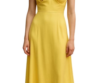 Vintage Dress 1960s Maxi Dress V Neckline belted ruffle sleeve rare dress elegant retro glam butter yellow size small