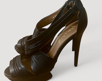 Vintage 90s Black Leather Platform Heels - Peep Toe Stilettos Size 9B