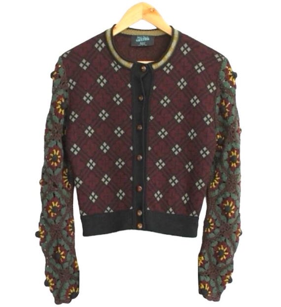 Vintage Jean Paul Gaultier Wool Knit Cardigan: Argyle Crochet 