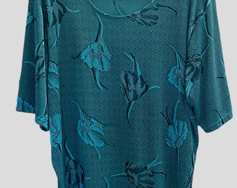 Vintage 1980's T-Shirt Mini Dress Turquoise Lurex with floral print Oversized Fit size L