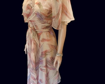 Vintage Dress 1970s Rare Ethereal Flowy chiffon wrap around dress with flutter sleeves and sheer layers excellent condition size small