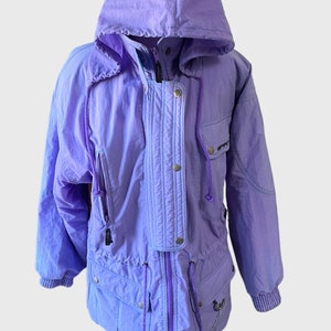 Vintage 1980s Ski Jacket Lilac Vintage Brand Spirit Long Puffer jacket Zips Silver Snaps pockets hooded size L