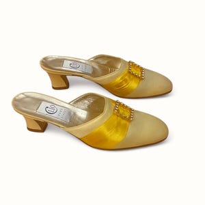 Vintage 1960s Heels Gold Satin Slip on Mules Diamante Detail New never worn Made in Italy Leather Velvet Size 37
