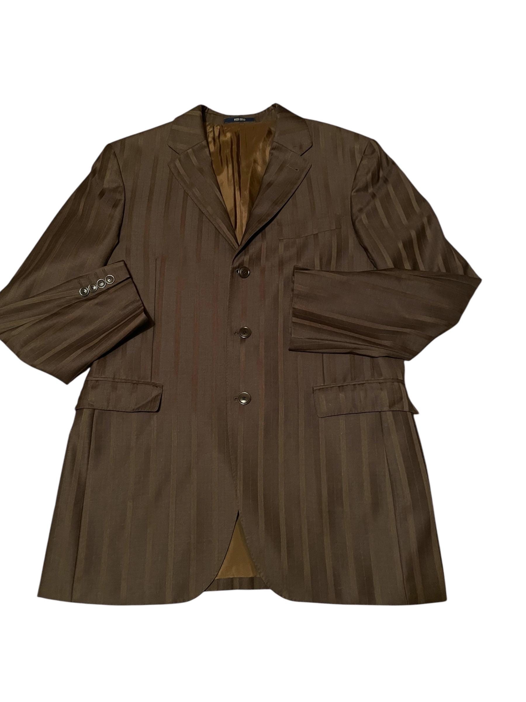 Vintage 90s Men's Suit  Designer Kenzo Homme Silk Wool Blend Brown Burgundy pinstripe Tailored Made in France Excellent condition XL
