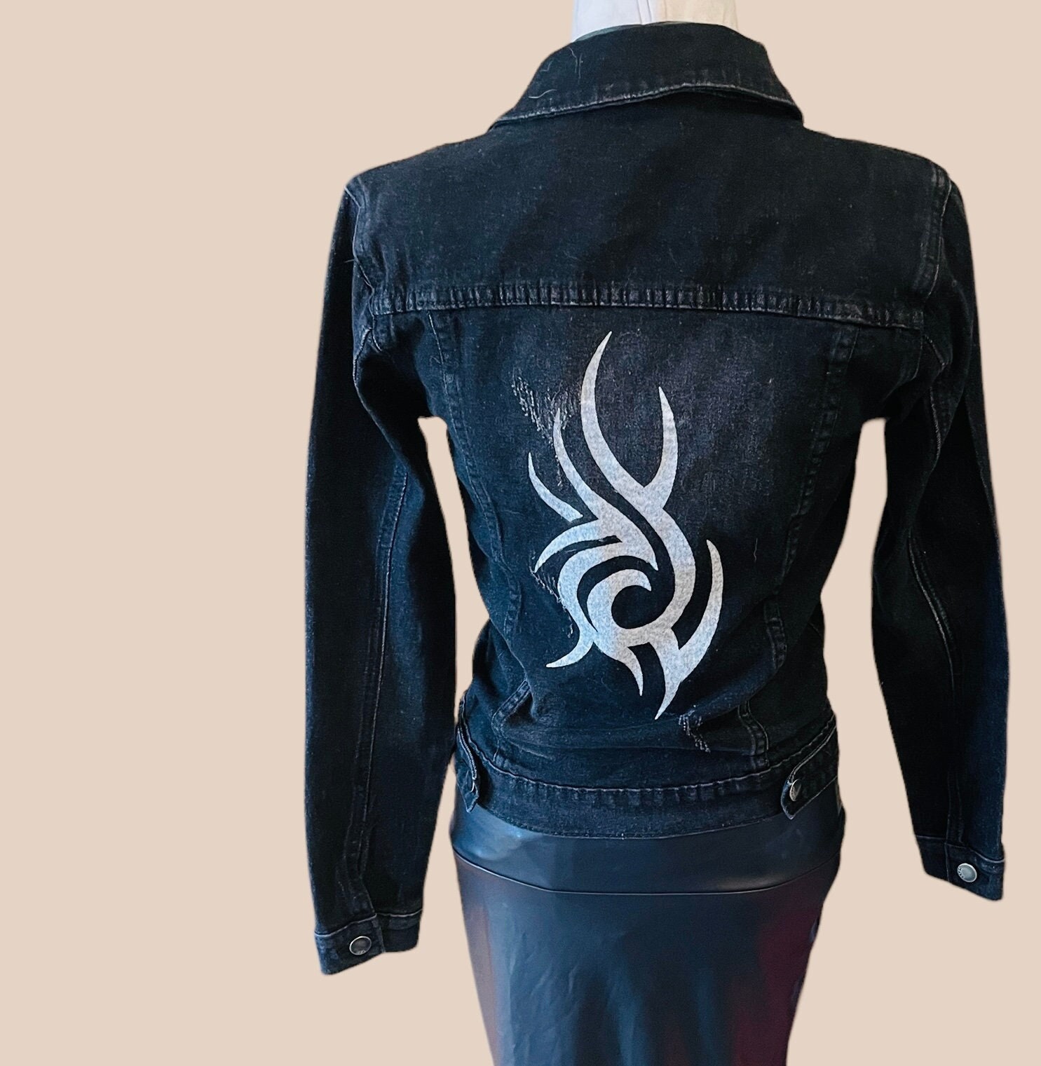 Vintage 90's Denim Jacket cropped black fade with tribal tattoo print on back embellishments and button detailing