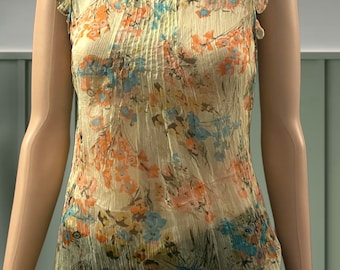 Vintage 90s Top Silk Crepe Floral Top Sheer Floral Blouse Pure Silk Cottagecore Coquette style Yellow Size Small