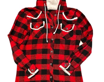 Vintage 90's Hooded Flannel Jacket Red and black plaid button front with white fleece contrast detail Size Medium