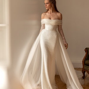 F&V Bridal June Gown - Off The Shoulder Glitter Mermaid Wedding Dress - Strapless Long Sleeve Custom Dress - Sparkly Lace Applique