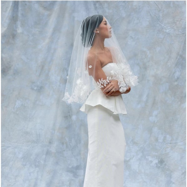 FLORA Wedding Veil – Pearl 3D Organza Petal Flower Bridal Veil – Elbow Length Face Covering Veil with Decorative Trim