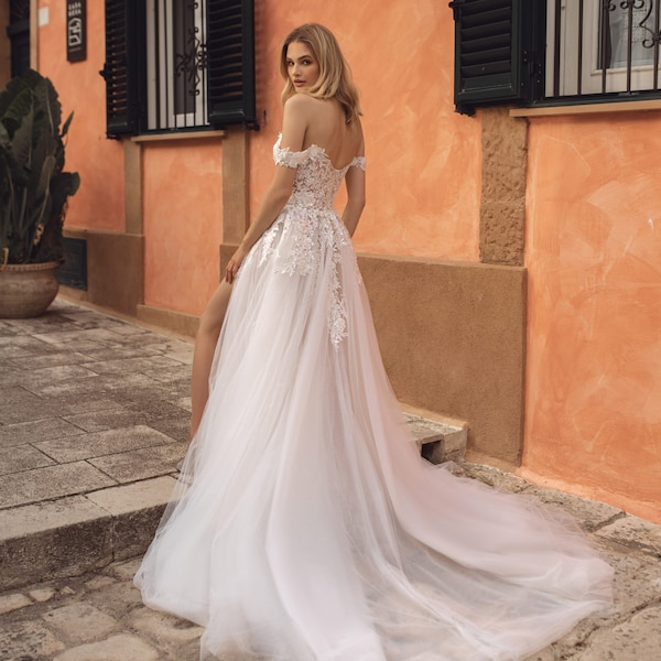 F&V Bridal AURORA Gown - Custom Wedding Dress Sweetheart A-Line - Vintage Off The Shoulder - Ivory White Lace Applique Split Leg Dress