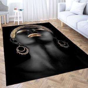 Black Woman Themed Rug, Gold Rug, Office Rug, Personalized Rug, Cool Rug, Black Rug, African Women Rug, Abstrack Rug, Girl Patterned Rug