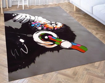 Banksy Thinking Monkey Rug, DJ Monkey, Banksy Hypebeast Carpet, Colorful Rainy Monkey Rug, DJ Monkey Graffiti Reproduction, Street Art Print