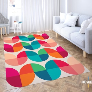 Bauhaus Style Rug, Abstract Carpet, Minimalist Home Decor, Colorful Kids Decor, Mid-Century Rug, Area Rug, Bedroom Rug, Flowers Carpet