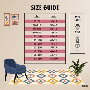 May include: A size guide for rugs in both centimeters and inches. The guide shows the dimensions of rugs ranging from 20x28 inches to 71x110 inches. The guide also includes information about the care instructions for the rugs, such as iron low temperature, wash at 30 degrees, and machine washable.