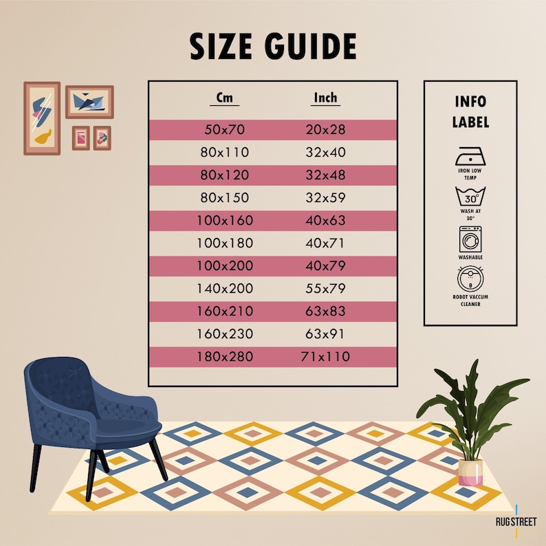 May include: A size guide for rugs in both centimeters and inches. The guide shows the dimensions of rugs ranging from 20x28 inches to 71x110 inches. The guide also includes information about the care instructions for the rugs, such as iron low temperature, wash at 30 degrees, and machine washable.