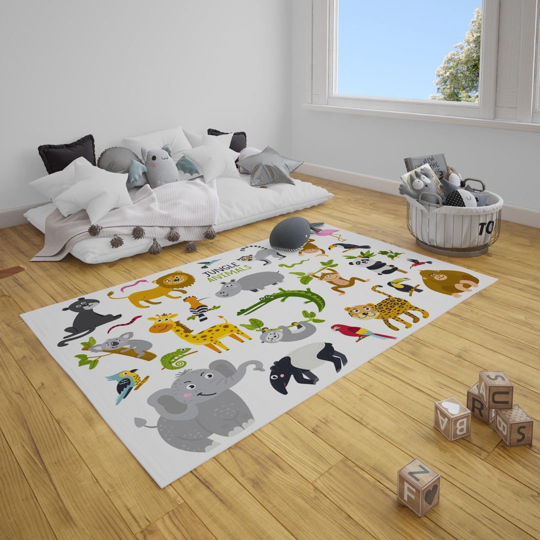 Jungle Animal Learning Rug Cute Animal Rug Playroom Rug Etsy