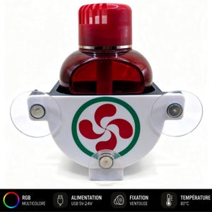 May include: A red liquid container with a vented cap sits inside a white semi-circular holder featuring a red and green Basque cross emblem. The holder is equipped with three clear suction cups for mounting and includes text indicating RGB multicolor, USB 5V-24V power, suction cup fixation, and 80 degrees Celsius temperature resistance.