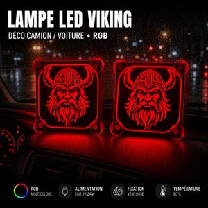 May include: Two red LED Viking lamps with a detailed Viking face design. The lamps are square-shaped and have suction cup mounts. The text "LAMPE LED VIKING" and "DÉCO CAMION / VOITURE • RGB" are visible in the image.