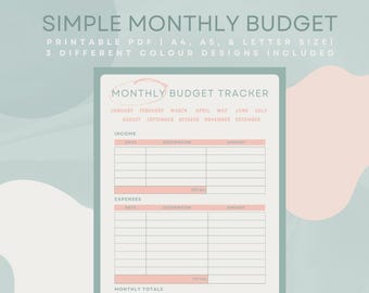 Simple Monthly Budget Planner, PDF Printable, Financial, 3 colour designs