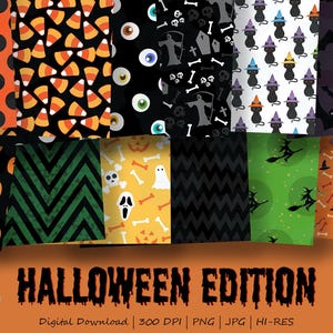 Halloween Digital Scrapbook Papers with Witches, Cats, Pumpkins, Candy, Spiders, Bats and Ghosts, Background Patterns