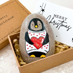 Penguin pebble Romantic gift for girlfriend boyfriend Small anniversary painted stone for husband  wife I love you pocket hug to him her